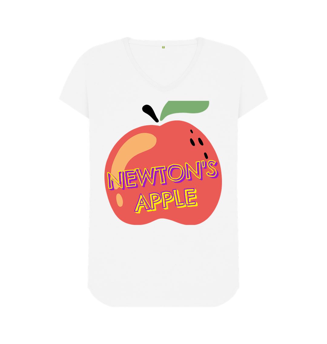 White \"Newton's Apple Elegance: V-Neck T-Shirt \u2013 Embrace the Power of Gravity in Style\"