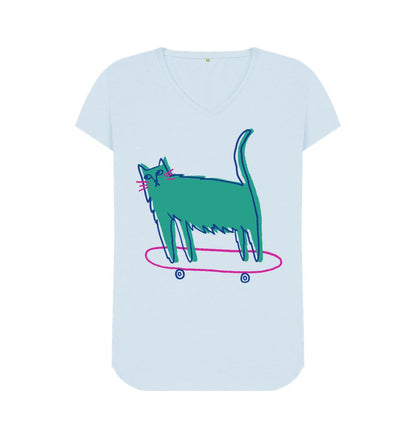 Sky Blue Whisker Wheels: Skating Cat V-Neck Tee for Girls