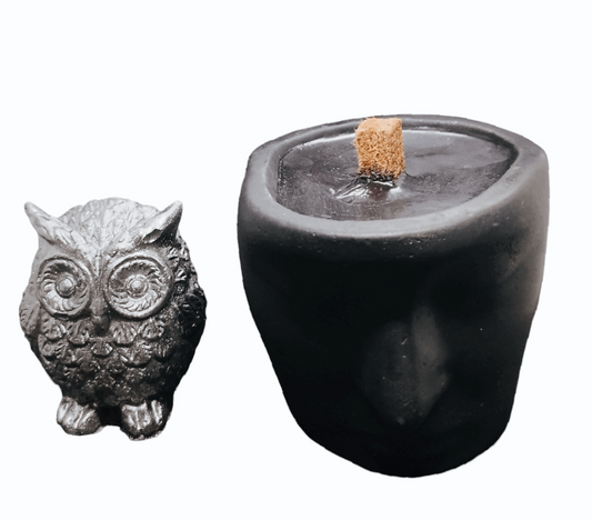 Savage Bliss: Black Wooden Wick Luxury Concrete Scented Candle with Owl Accent - Reusable Multi-Purpose Container