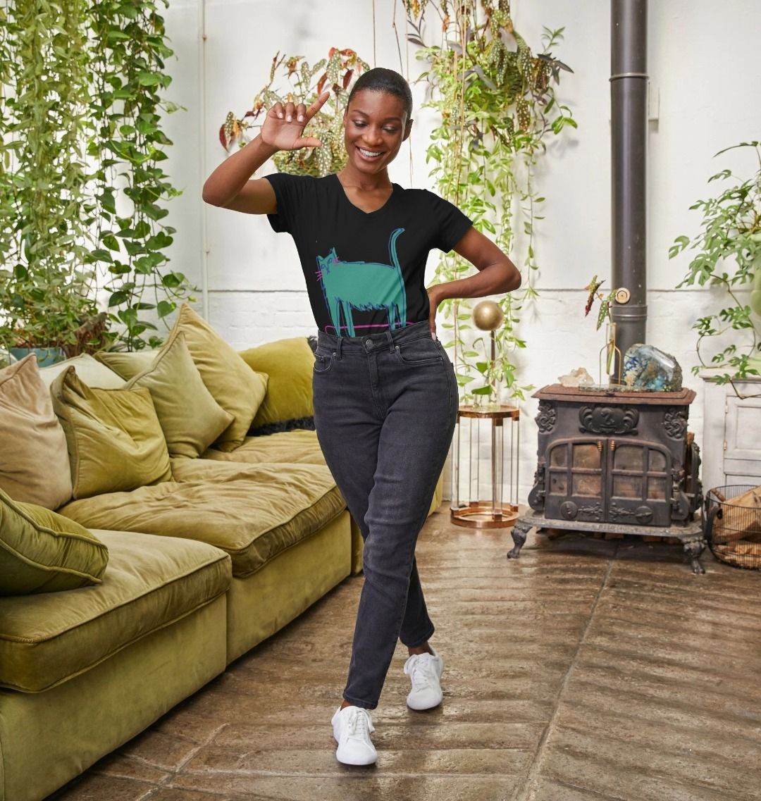 Whisker Wheels: Skating Cat V-Neck Tee for Girls