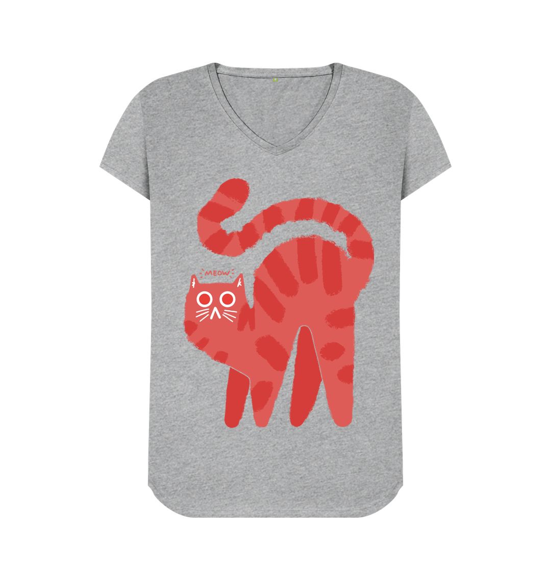 Athletic Grey Meow Magic: Cute Cat V-Neck T-Shirt \u2013 A Purr-fect Blend of Adorability and Style for Ladies