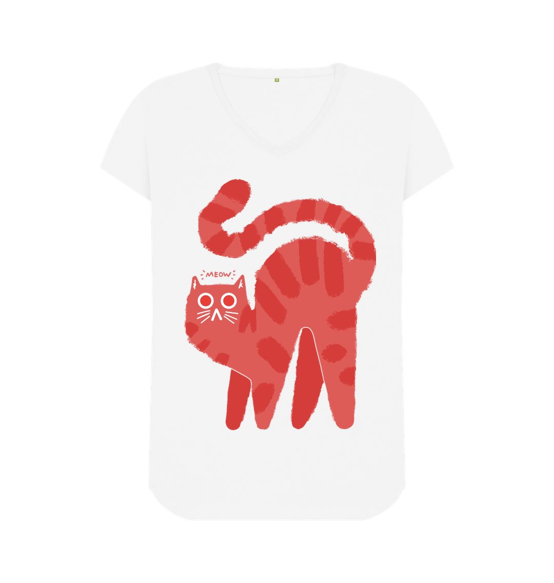 White Meow Magic: Cute Cat V-Neck T-Shirt \u2013 A Purr-fect Blend of Adorability and Style for Ladies