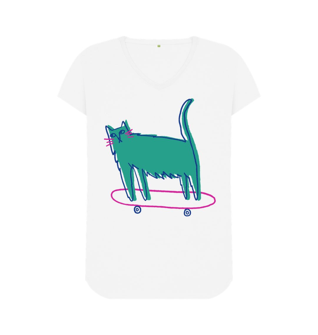 White Whisker Wheels: Skating Cat V-Neck Tee for Girls