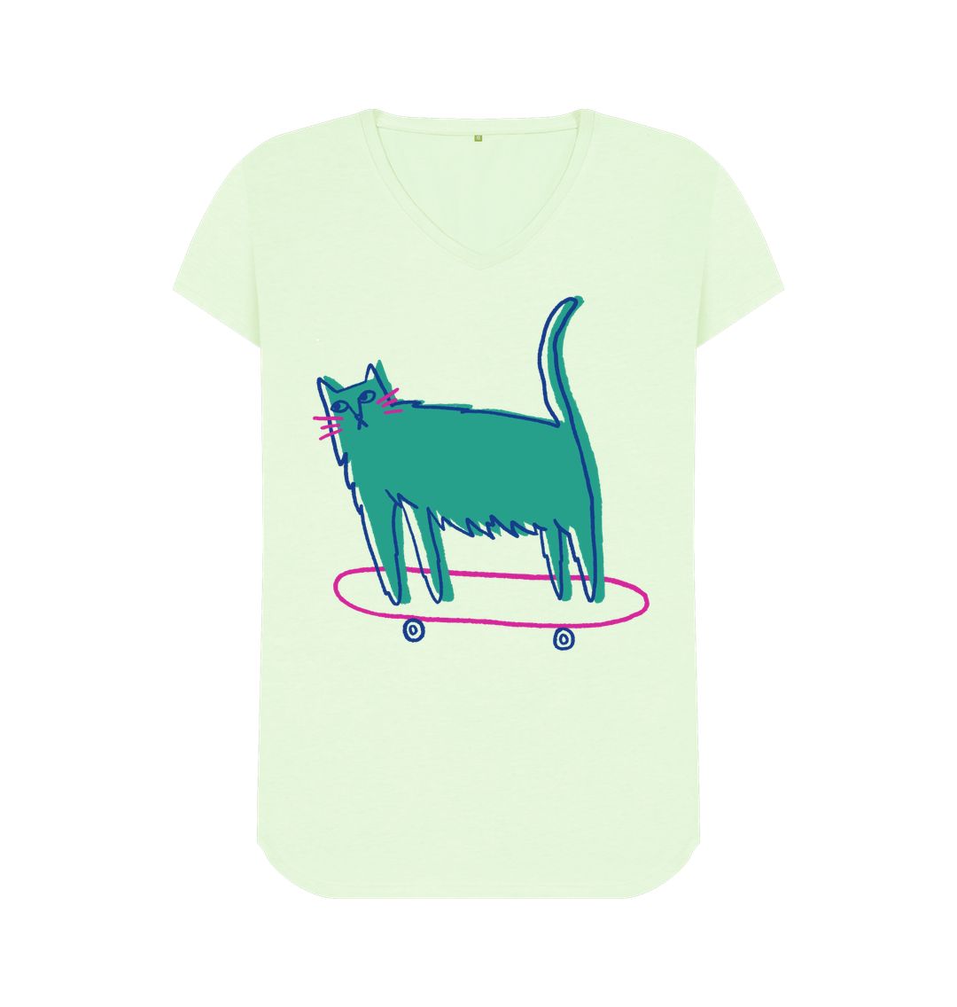 Pastel Green Whisker Wheels: Skating Cat V-Neck Tee for Girls