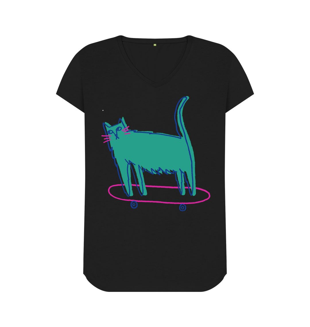 Black Whisker Wheels: Skating Cat V-Neck Tee for Girls