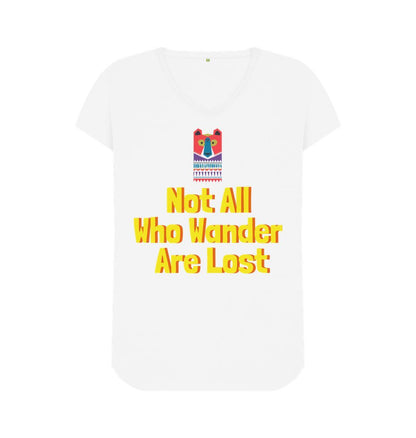 White Not All Who Wander Are Lost V-Neck Adventure Tee