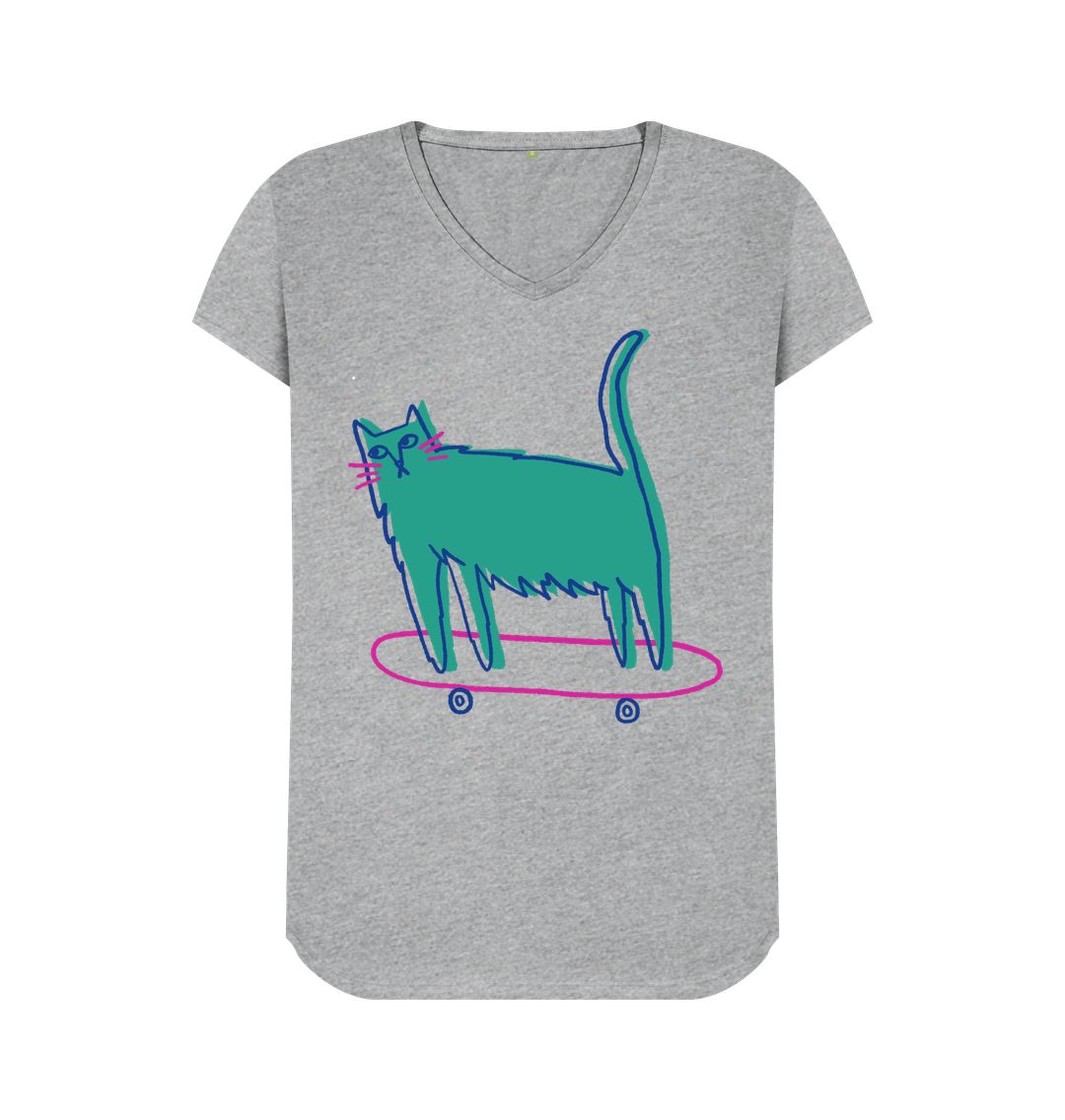 Athletic Grey Whisker Wheels: Skating Cat V-Neck Tee for Girls