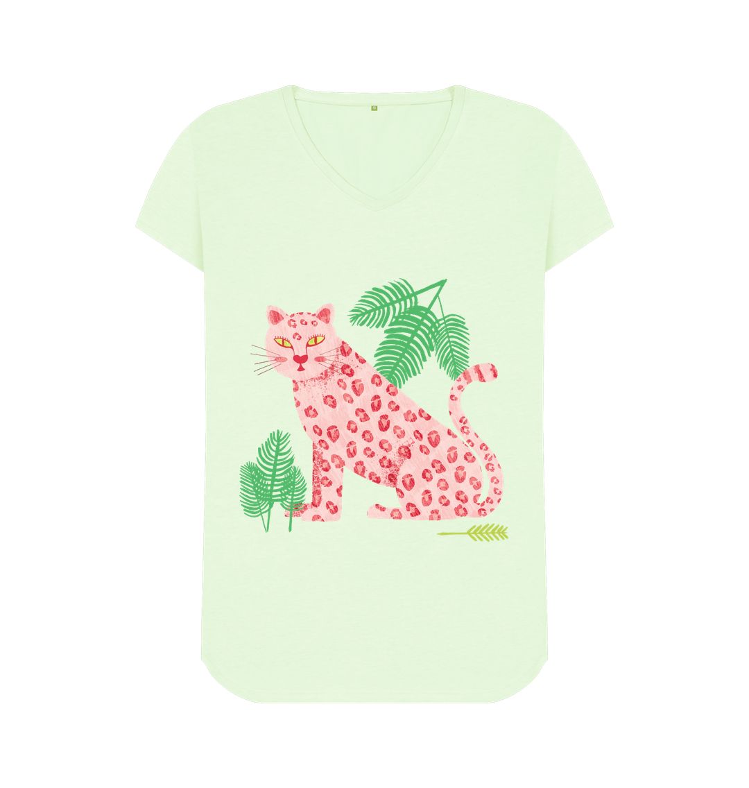 Pastel Green Wild Elegance: V-Neck Tiger Print Tee Shirt \u2013 Unleash Your Fierce Style with Striking Sophistication