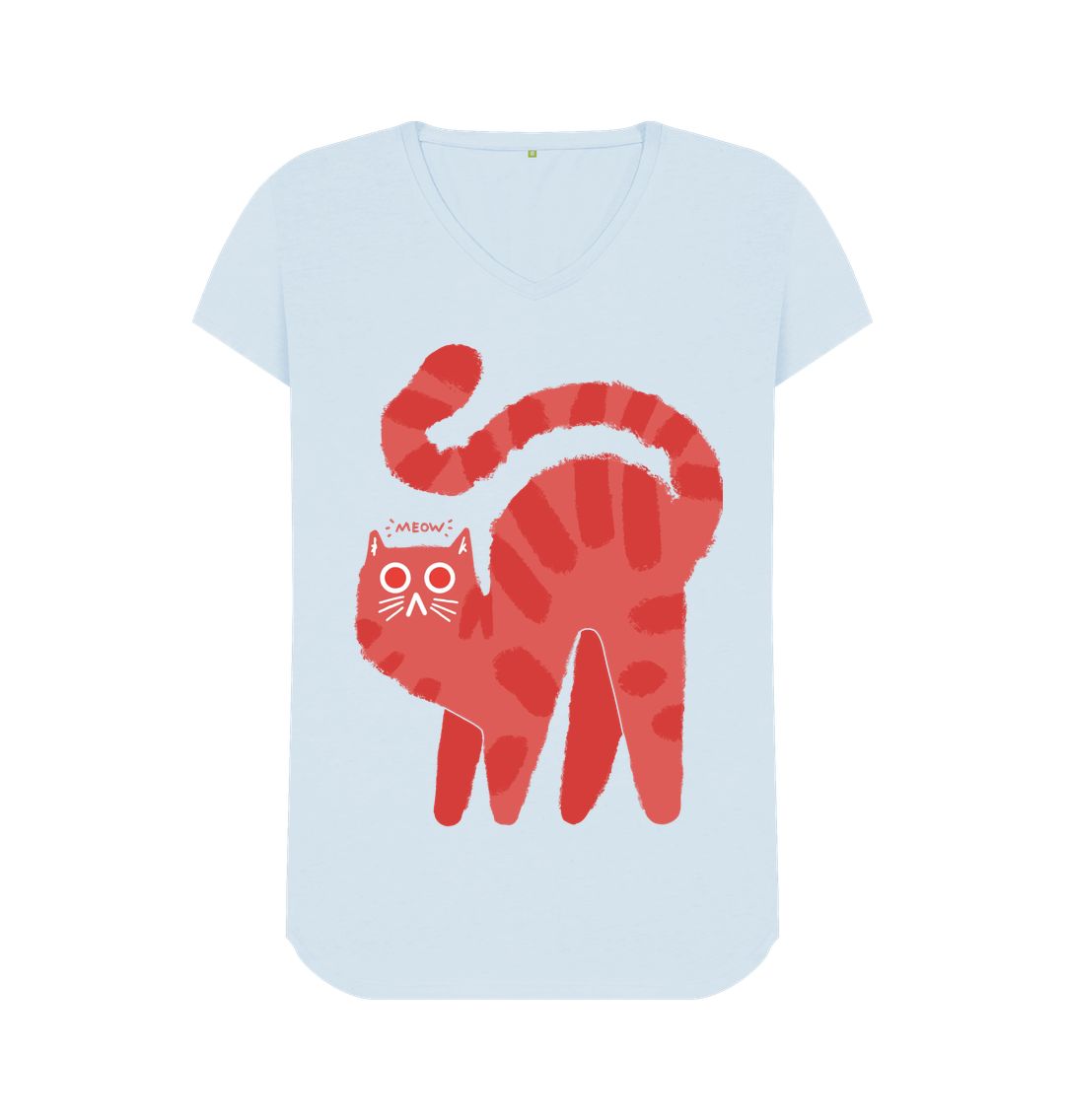 Sky Blue Meow Magic: Cute Cat V-Neck T-Shirt \u2013 A Purr-fect Blend of Adorability and Style for Ladies