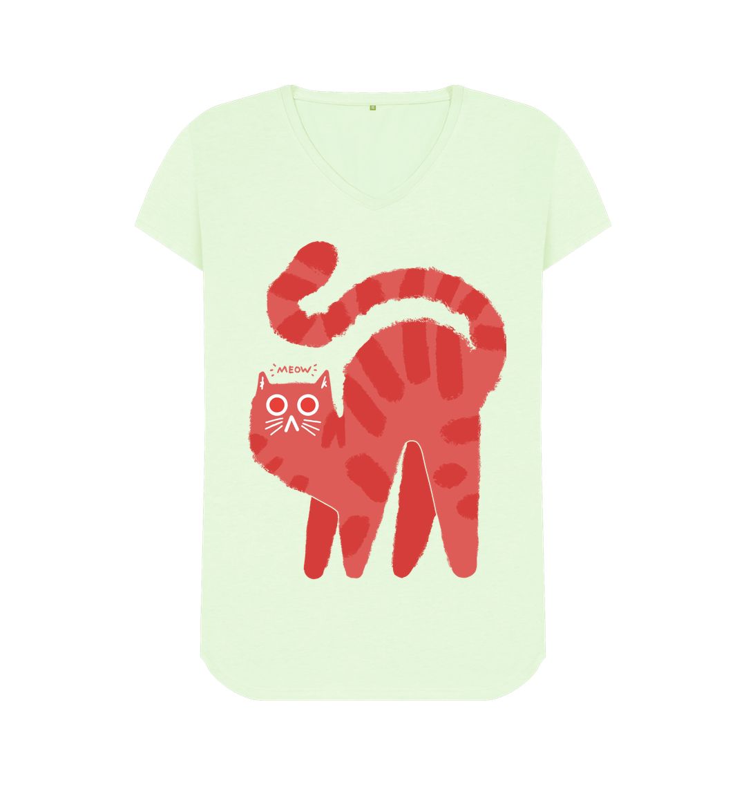 Pastel Green Meow Magic: Cute Cat V-Neck T-Shirt \u2013 A Purr-fect Blend of Adorability and Style for Ladies