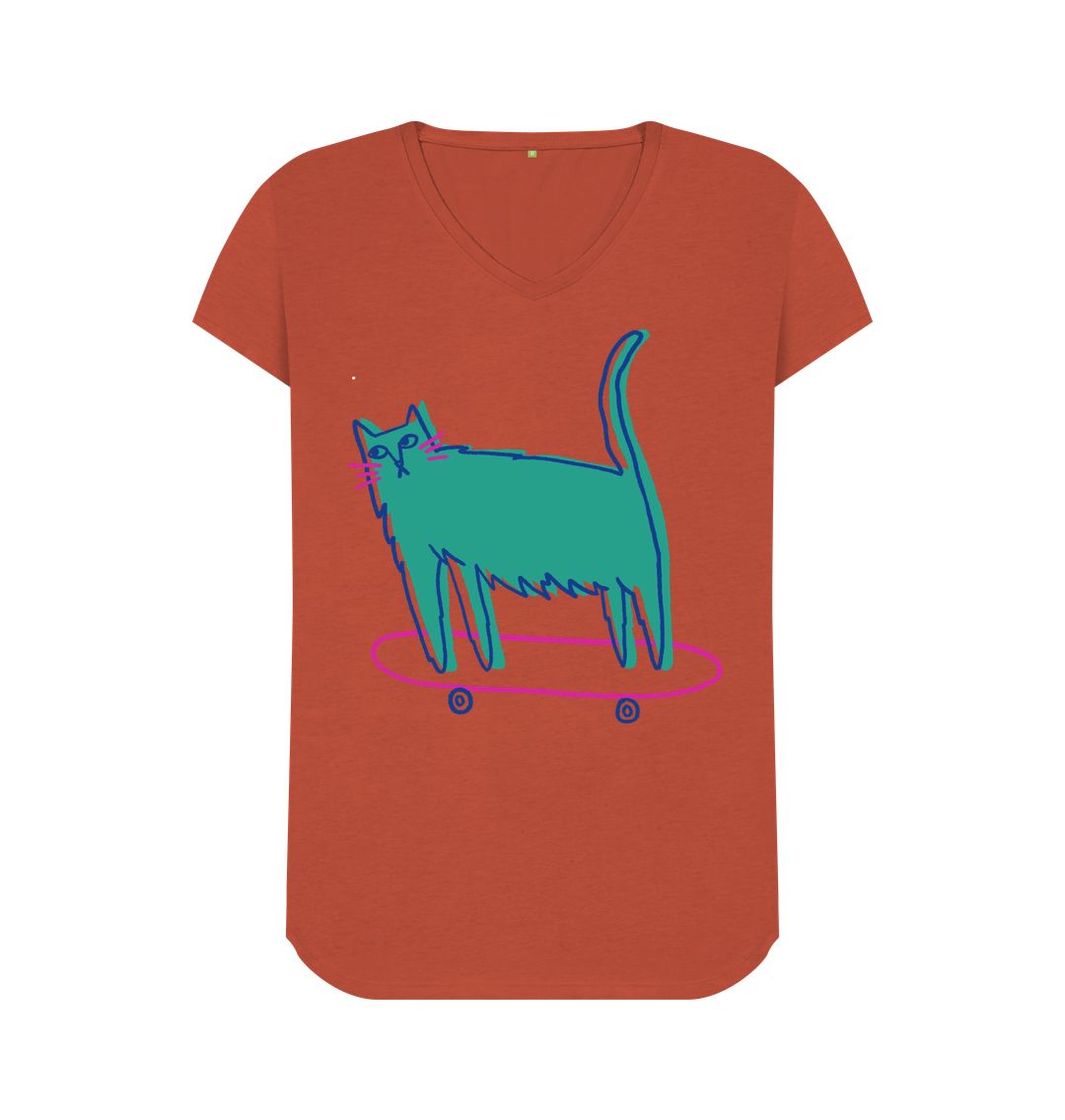 Rust Whisker Wheels: Skating Cat V-Neck Tee for Girls