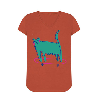 Rust Whisker Wheels: Skating Cat V-Neck Tee for Girls