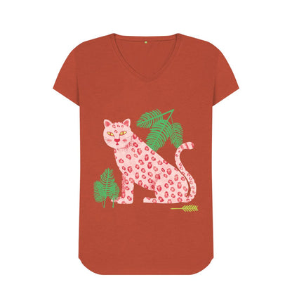 Rust Wild Elegance: V-Neck Tiger Print Tee Shirt \u2013 Unleash Your Fierce Style with Striking Sophistication